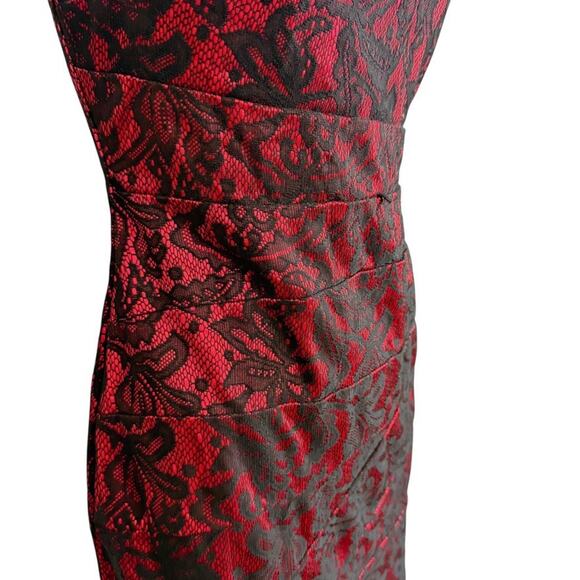 Alyx Petite Red Black Lace Cocktail Party Knee Length Sheath Cap Sleeve Dress 6 - Picture 3 of 16